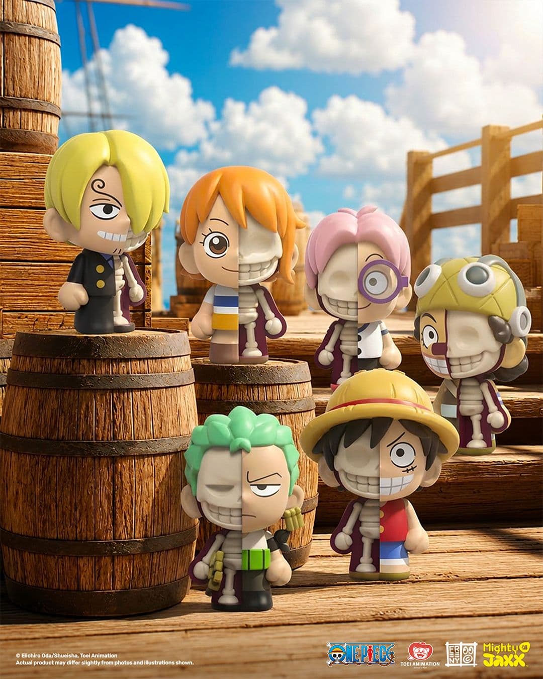 Mighty Jaxx One Piece half-skeleton figures of Luffy, Zoro, Nami, Sanji, Usopp, and Koby on a sunny wooden ship deck.