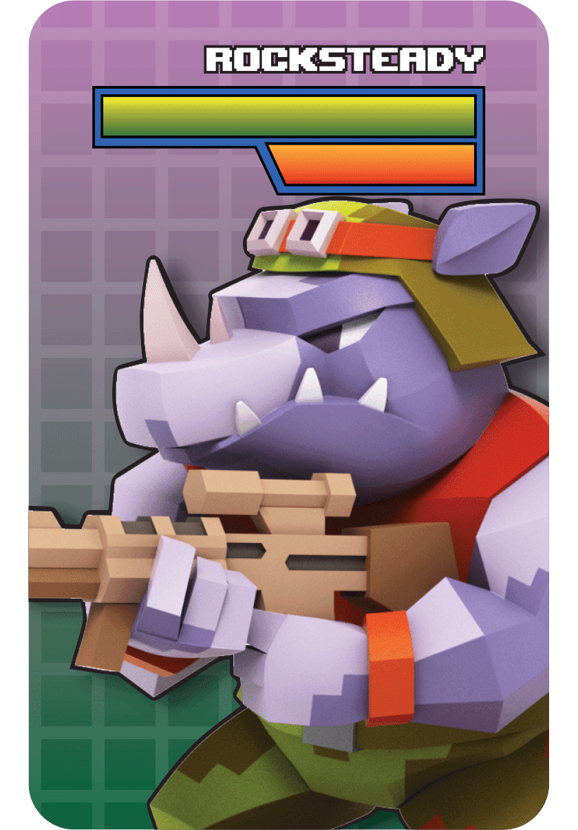 Pixelated Rocksteady blind box figurine with green helmet and rifle, posed in combat stance on a retro arcade backdrop.