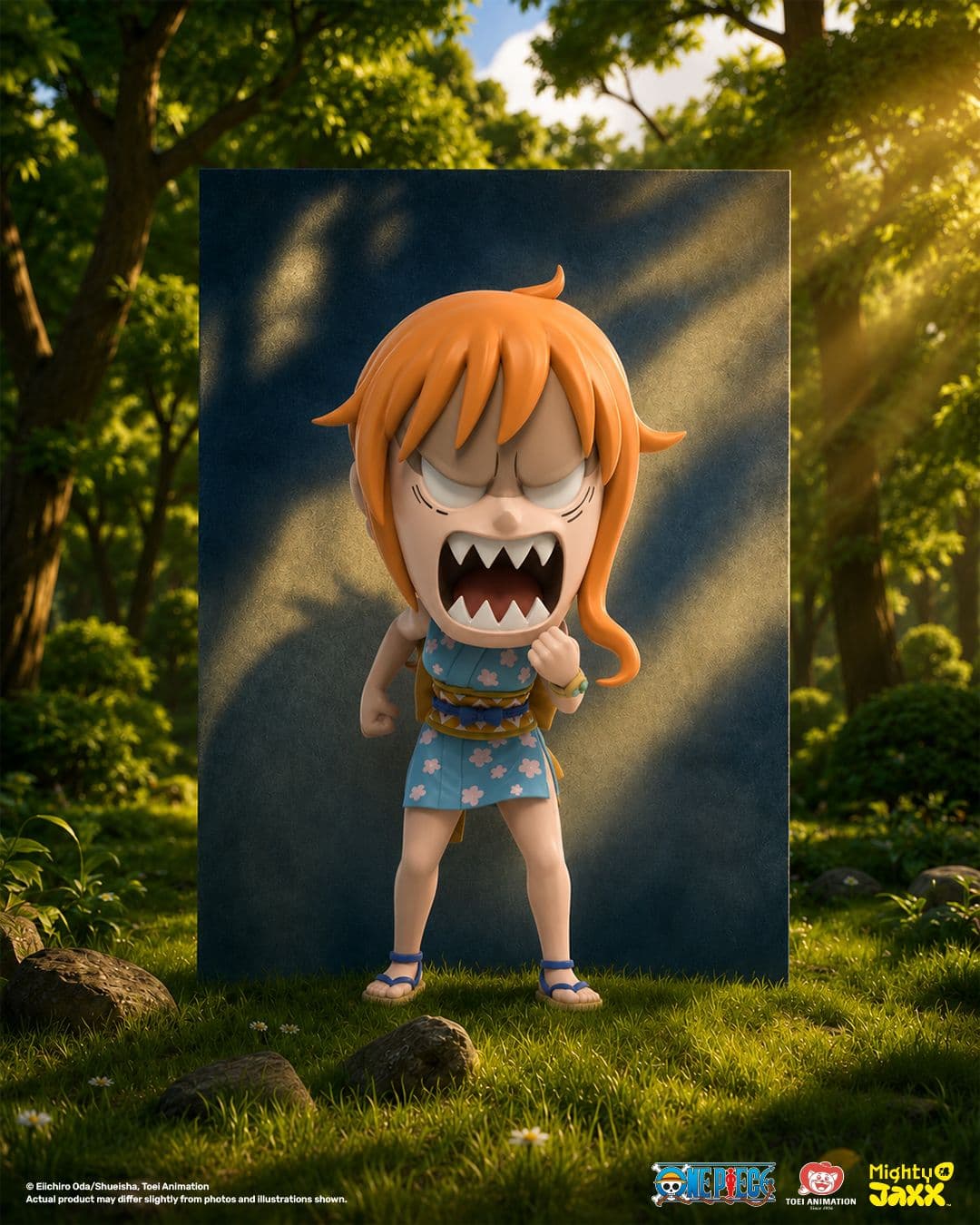 Collectible Nami figure with a furious expression, sharp bared teeth, orange hair, blue floral dress, fists clenched.
