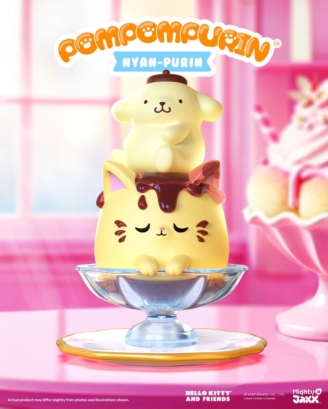 Mighty Jaxx Pompompurin Nyan-Purin figure, featuring Pompompurin sitting atop a cat-shaped pudding in a glass dish.
