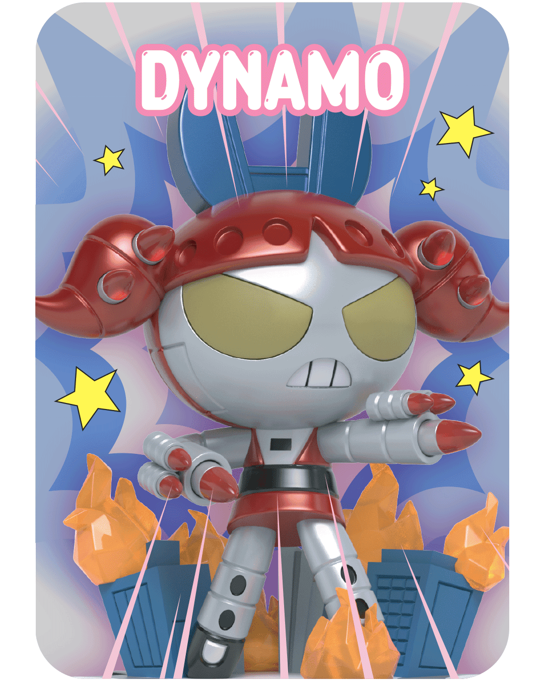 Dynamo vinyl figure, standing with clenched fists in front of burning buildings. The figure is red, silver, and white.