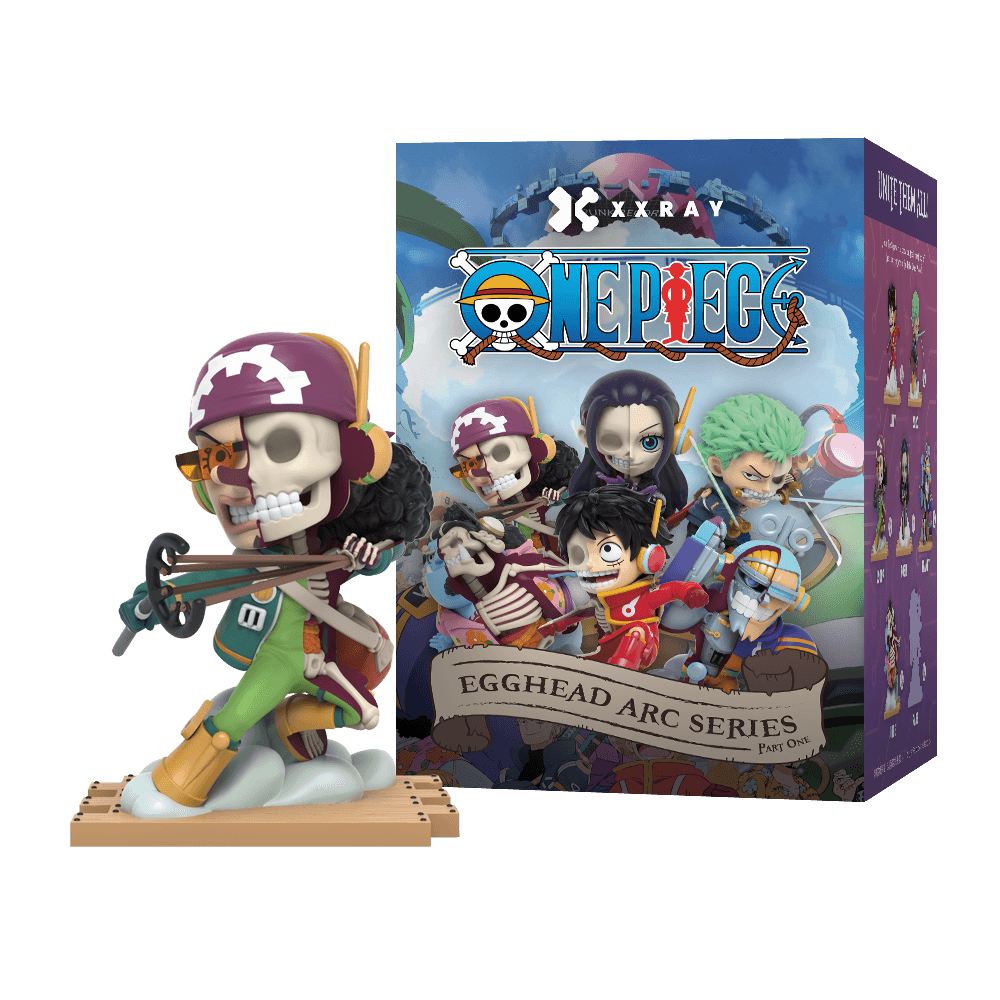 Usopp figure, half skeletal, wearing googles and headphones and pulling back a slingshot while perched on a cloud.