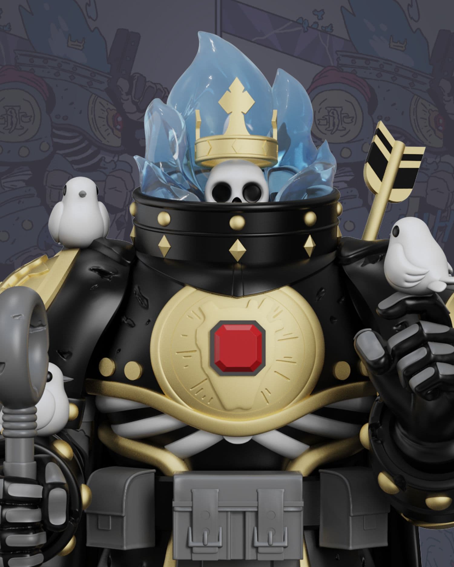 Upper torso view of skull-headed figure with metal armor, golden chestplate, birds resting on its body, holding a broadsword.