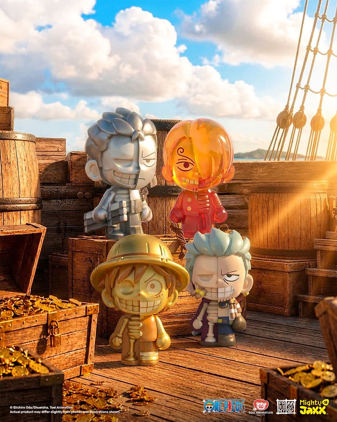 Mighty Jaxx dissected One Piece figures of Luffy, Zoro, and Shanks stand on a wooden pirate ship deck with gold.