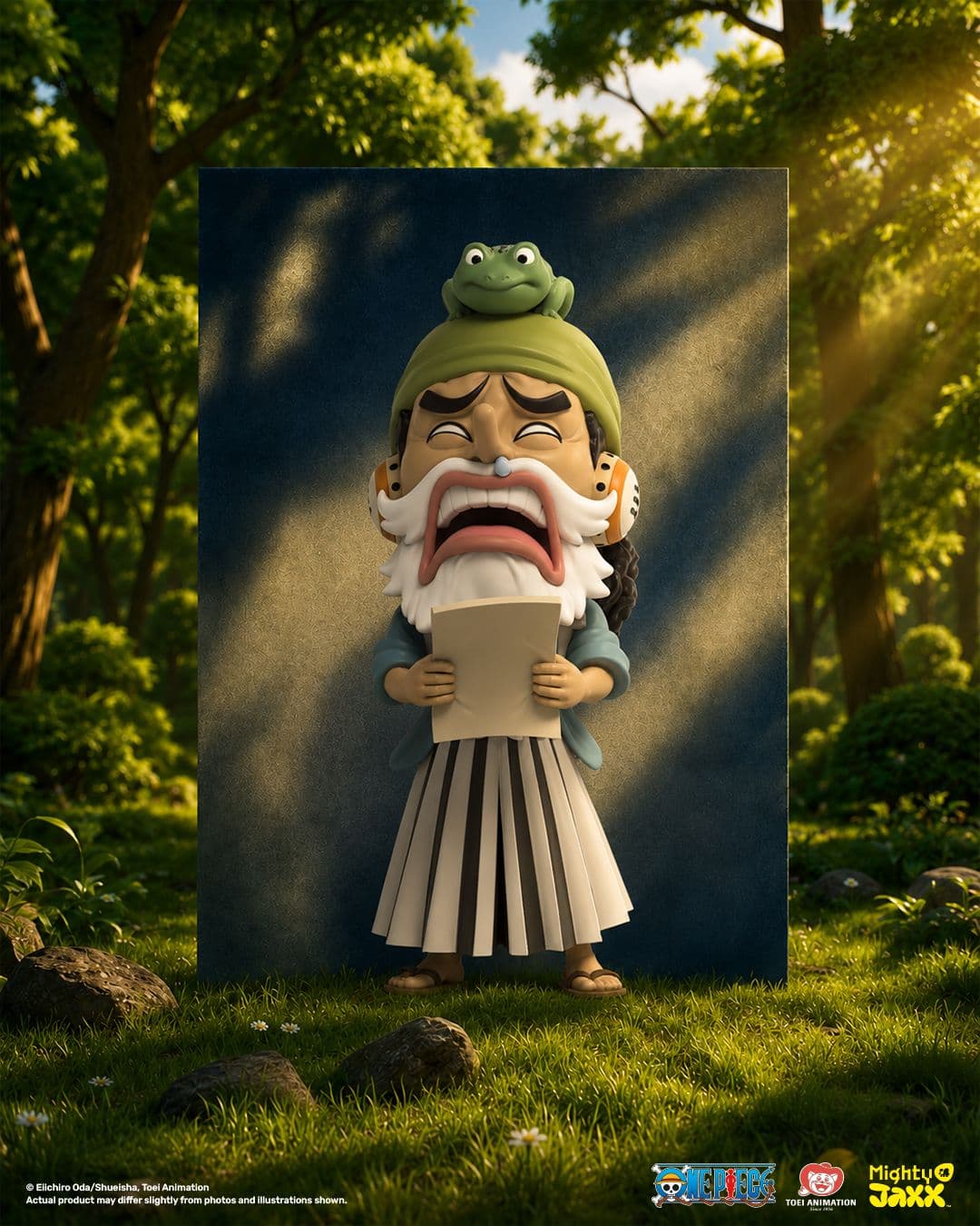 Collectible Usopp figure disguised as an elderly sniper, small frog on his beanie, holding paper, striped skirt outfit.