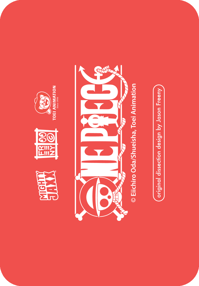 One Piece x Mighty Jaxx logo card with skull emblem, Toei Animation branding and artist Jason Freeny credits.