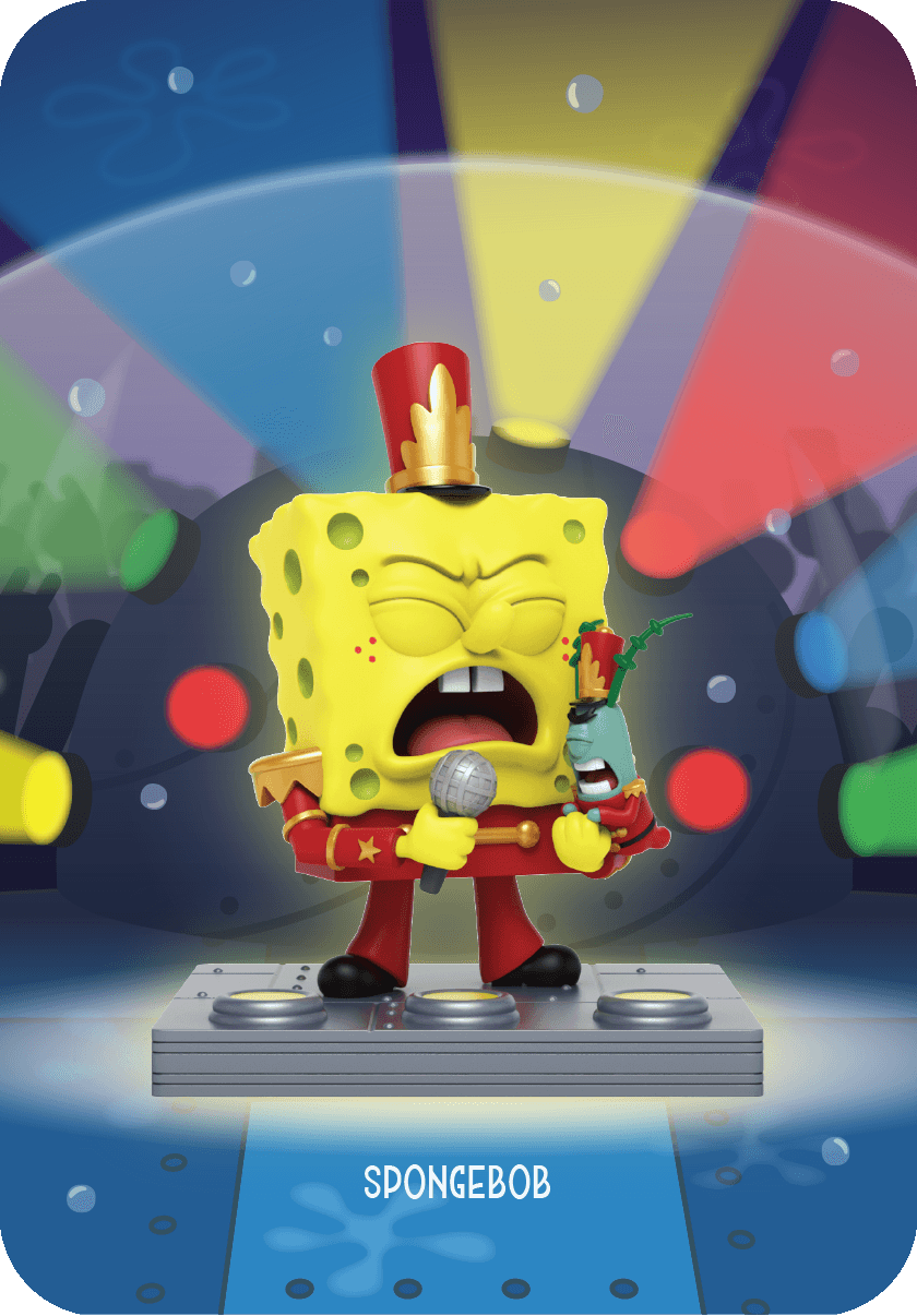 SpongeBob Band Geeks blind box collectible figure singing “Sweet Victory” in marching band uniform with microphone.