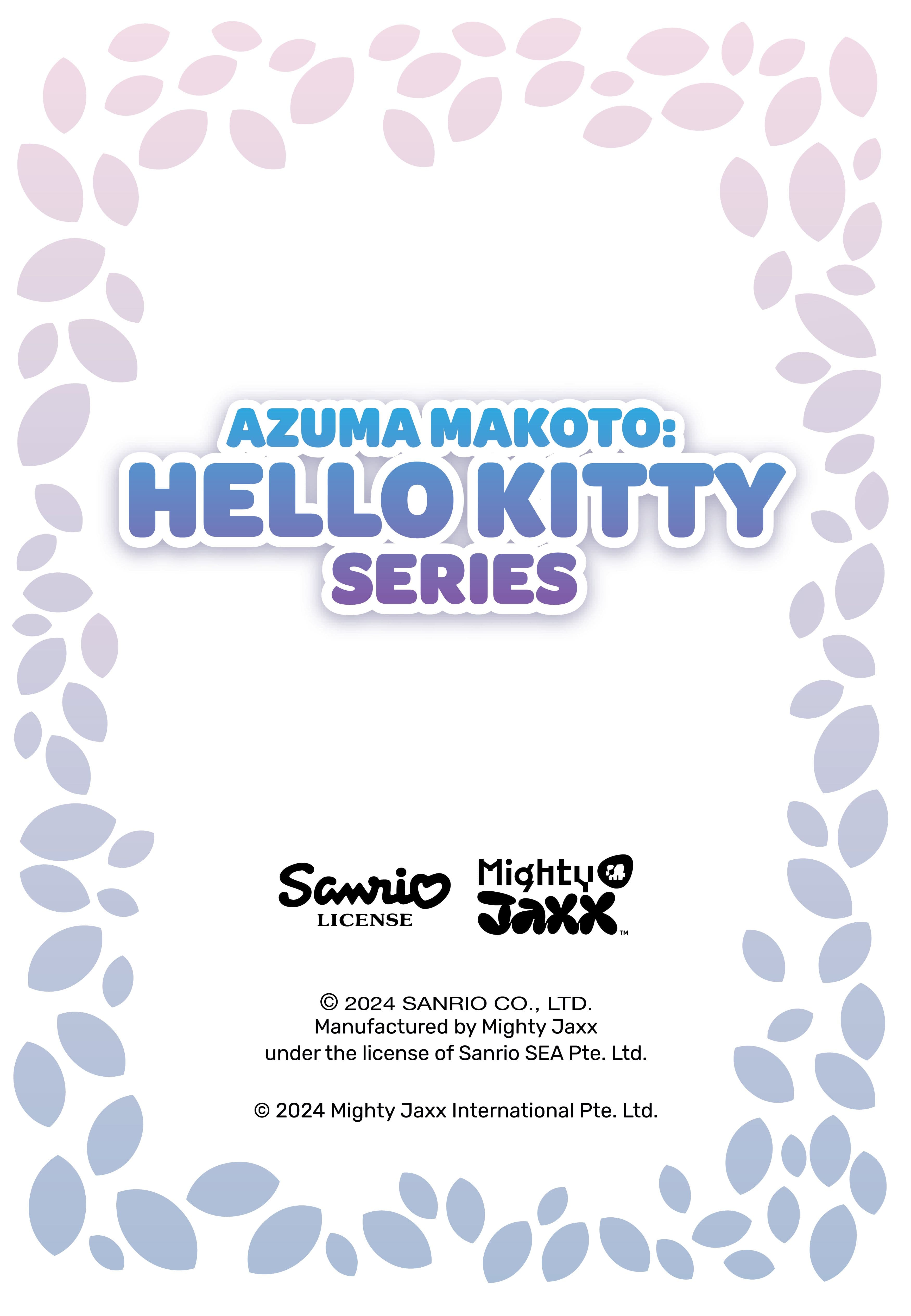 Azuma Makoto: Hello Kitty Series text, with Sanrio and Mighty Jaxx logos and credits, and a pastel floral frame.