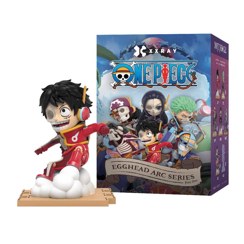 Luffy figure in a red outfit, half skeletal, wearing headphones, arms outstretched with smoke puffs coming from his shoes.