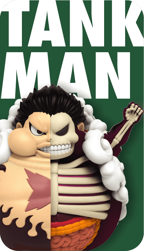 Tank-Man Luffy figure, half normal half skeletal, puffed up with inflated chest and arm raised in powerful battle pose
