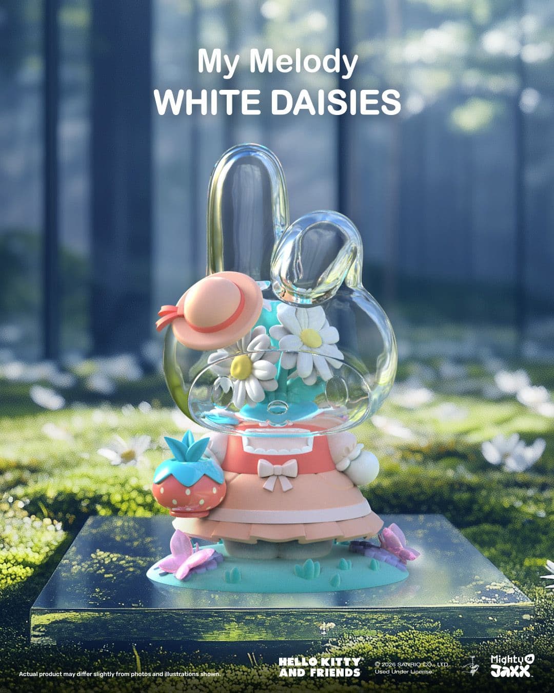 Mighty Jaxx My Melody White Daisies figure with a clear head filled with flowers, wearing a pink dress holding a strawberry.