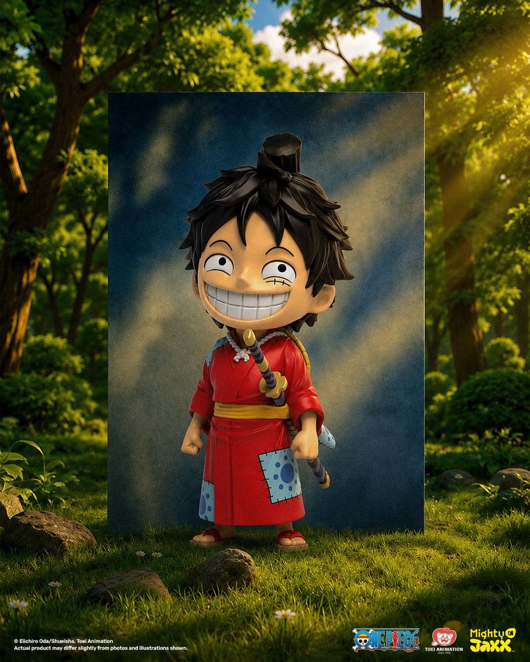 Collectible Luffy figure grinning widely, wearing a red patched kimono with a sword at his waist, forest canvas backdrop.