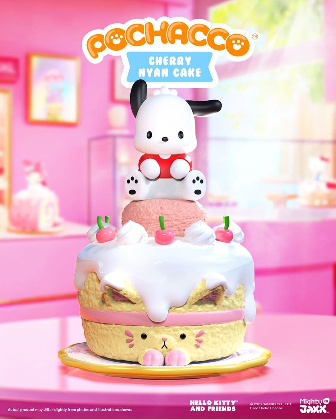 An adorable Pochacco Cherry Nyan Cake figure by Mighty Jaxx, sitting atop a frosted cat-themed cake.