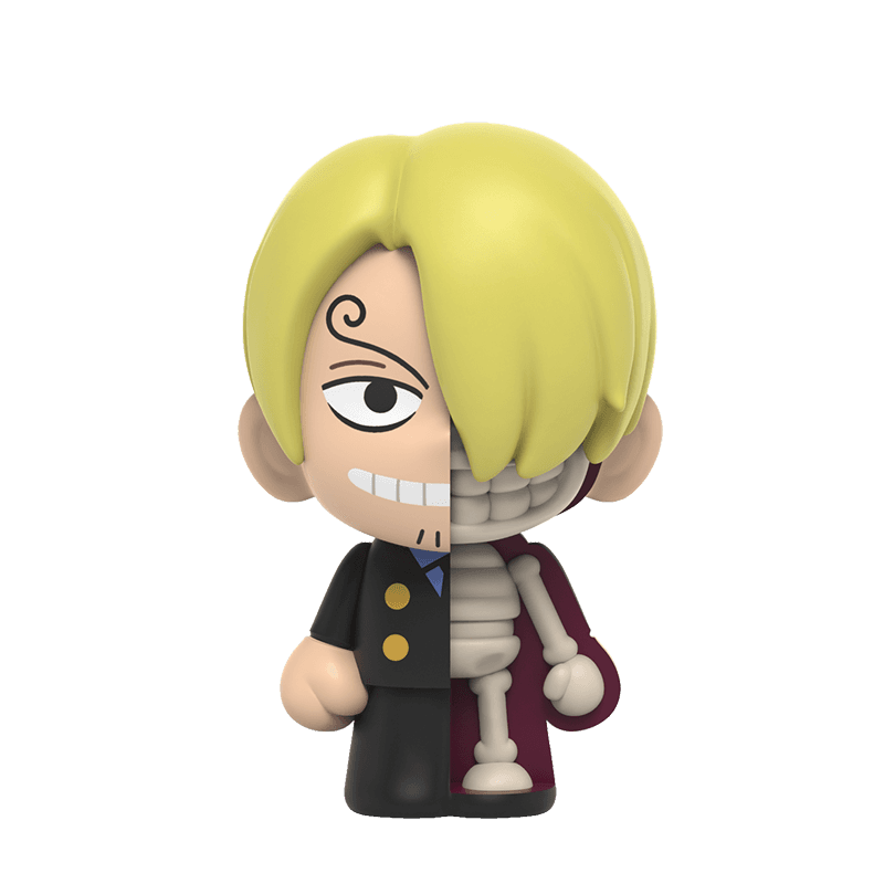 Sanji Freeny's XXRay Mini figure by Mighty Jaxx, split to reveal his skeleton alongside his classic black suit.