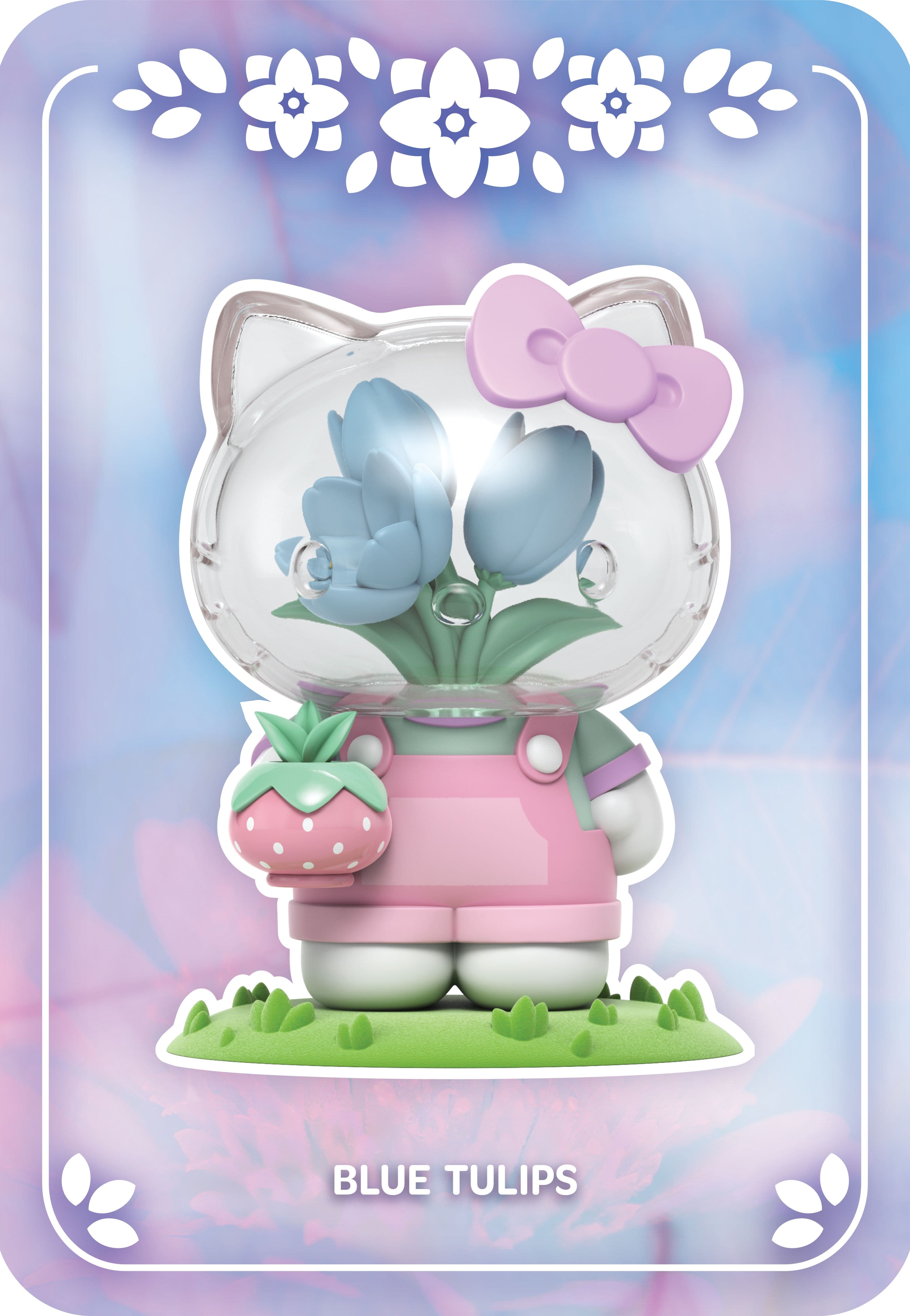 Hello Kitty with blue tulips inside a clear head, wearing pink overalls and holding a strawberry pot.