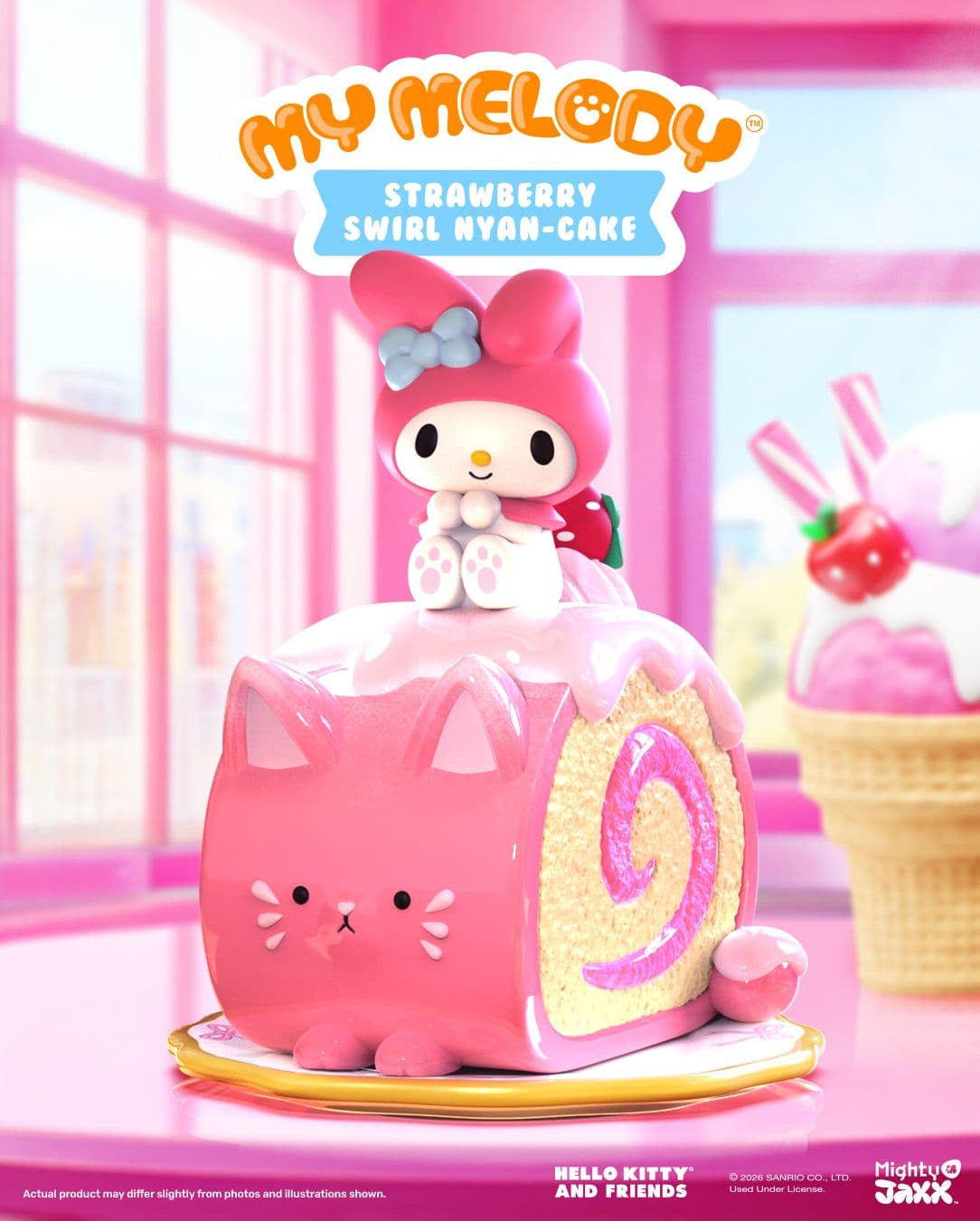 My Melody Strawberry Swirl Nyan-Cake figure by Mighty Jaxx, sitting on a pink cat-themed swiss roll cake with a bow.