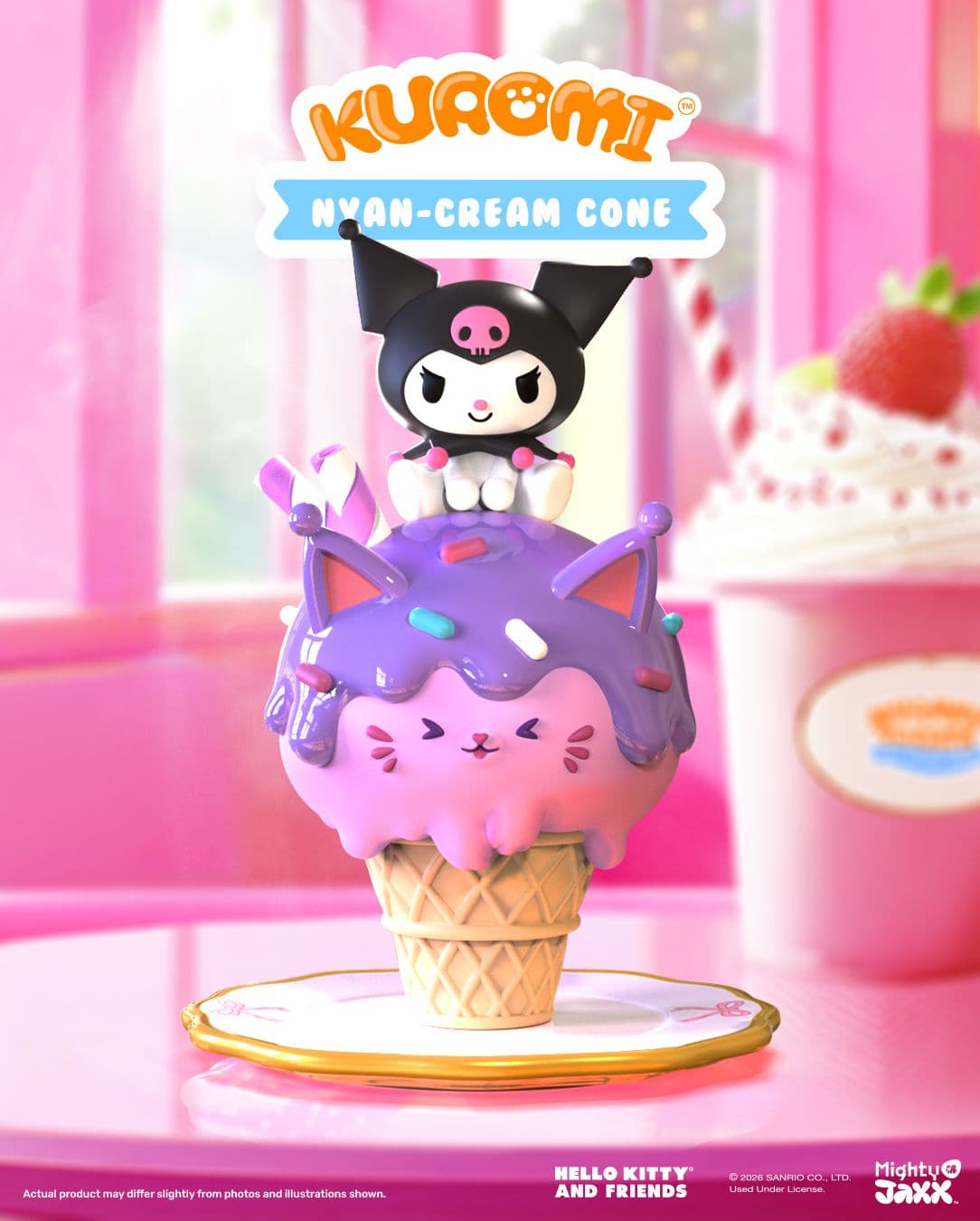 Mighty Jaxx Kuromi Nyan-Cream Cone figure, featuring Kuromi sitting on a purple cat-shaped ice cream waffle cone.