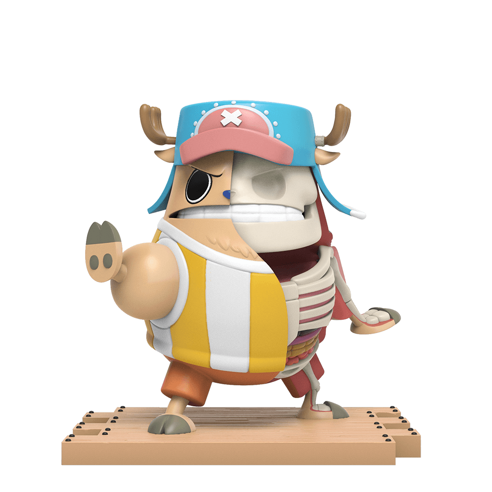 Bulky Chopper in wide martial-arts stance, hoof forward; right half shows bared-teeth skull and ribs.