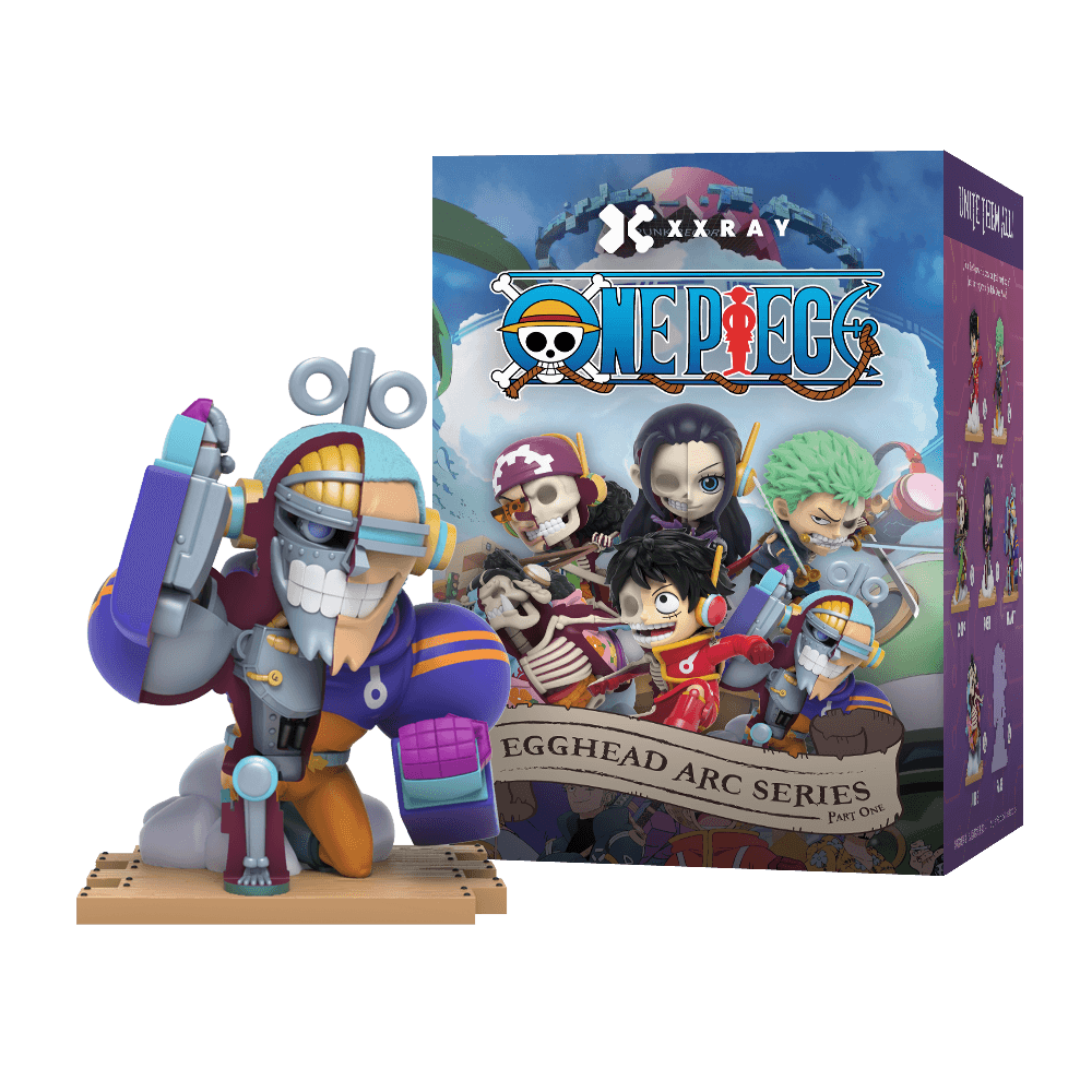 Franky figure, half skeletal, kneeling on one knee with one arm bent upwards and the other resting forward.