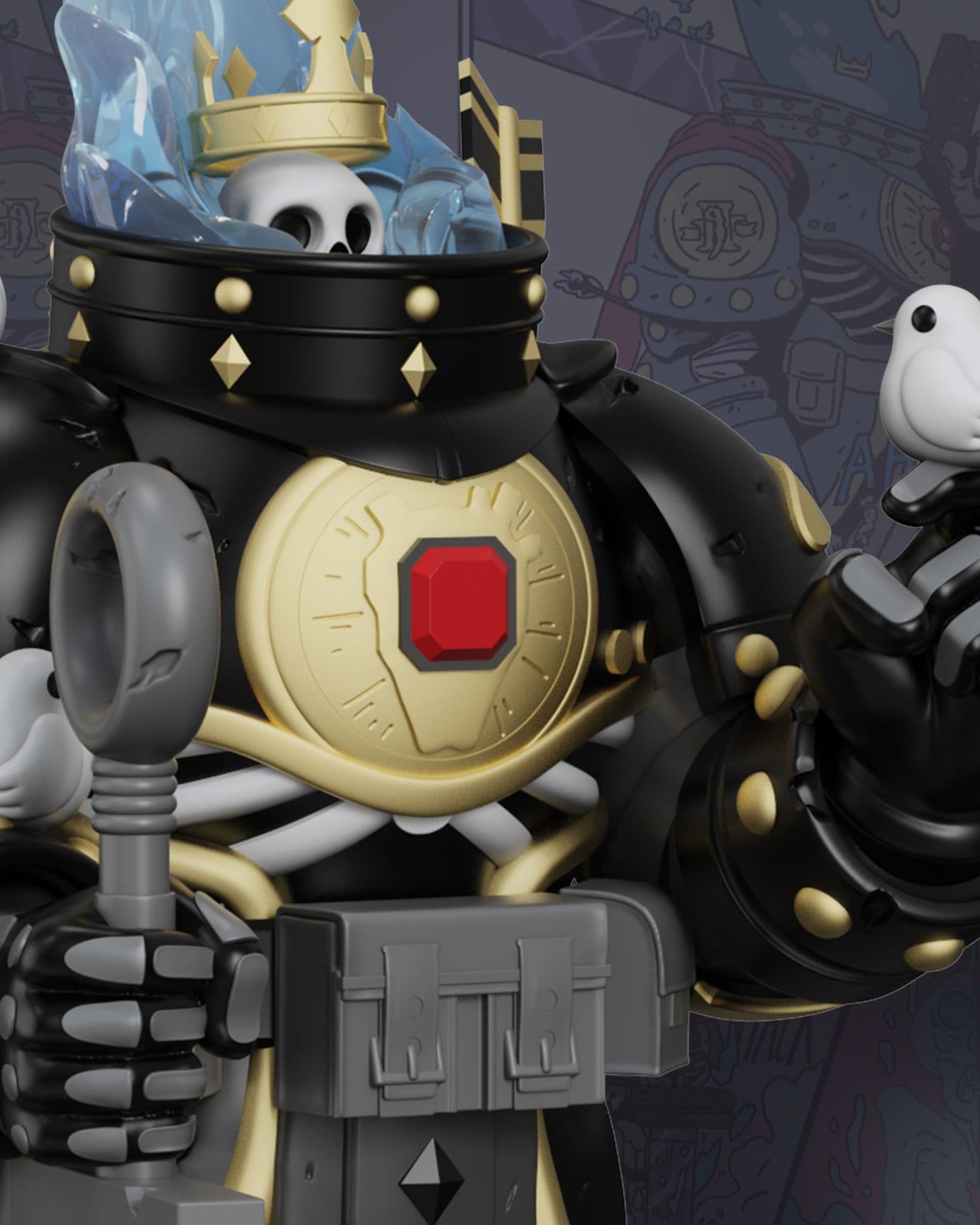 Close-up of Bird King figure showing blue flame surrounding gold crown, gold chestplate, and white bird perched on hand.