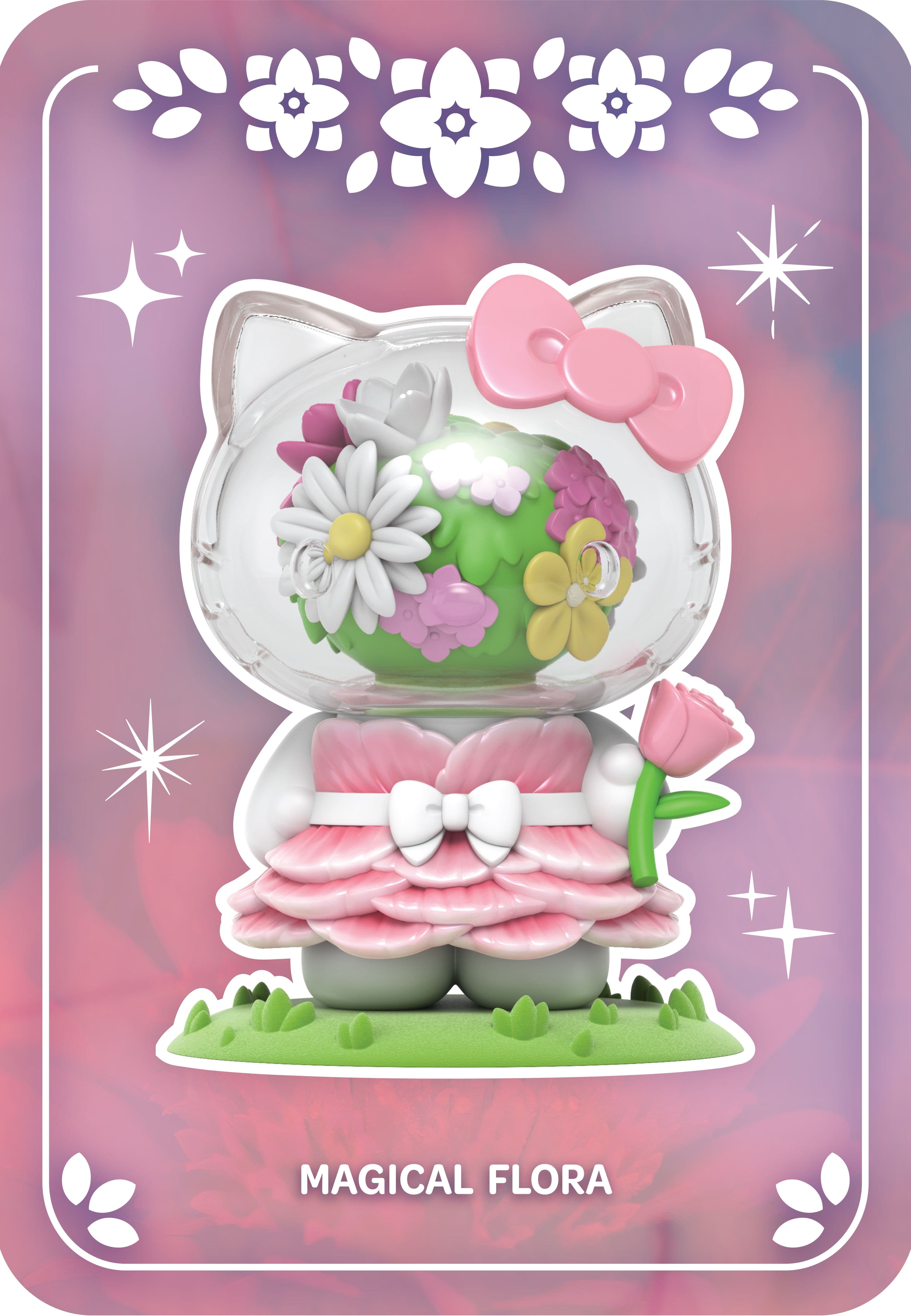 Hello Kitty with a clear head filled with various flowers, wearing a pink petal dress and holding a pink rose.