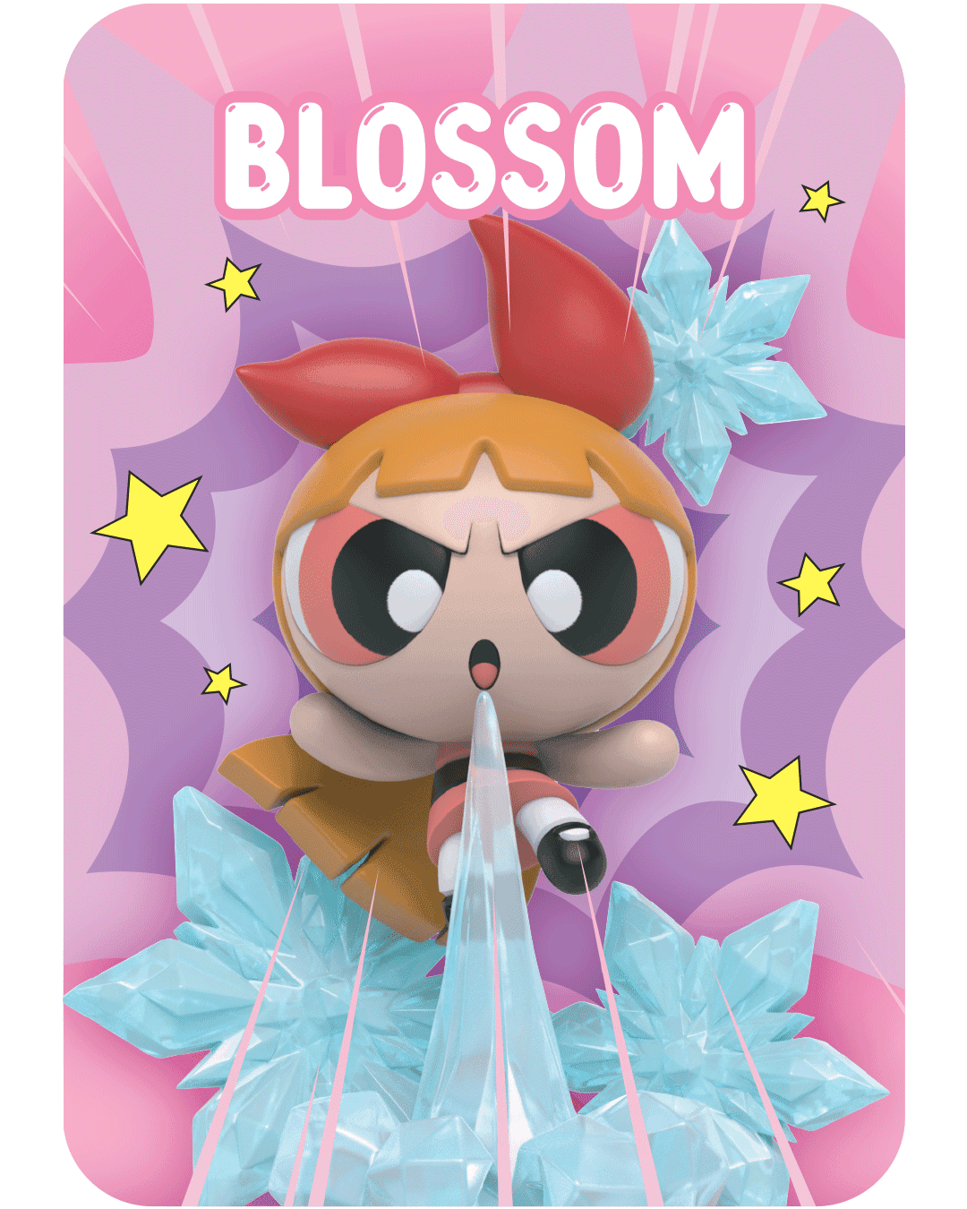 Blossom figure, posed dynamically as if blowing ice. Features a determined expression and a large red bow.