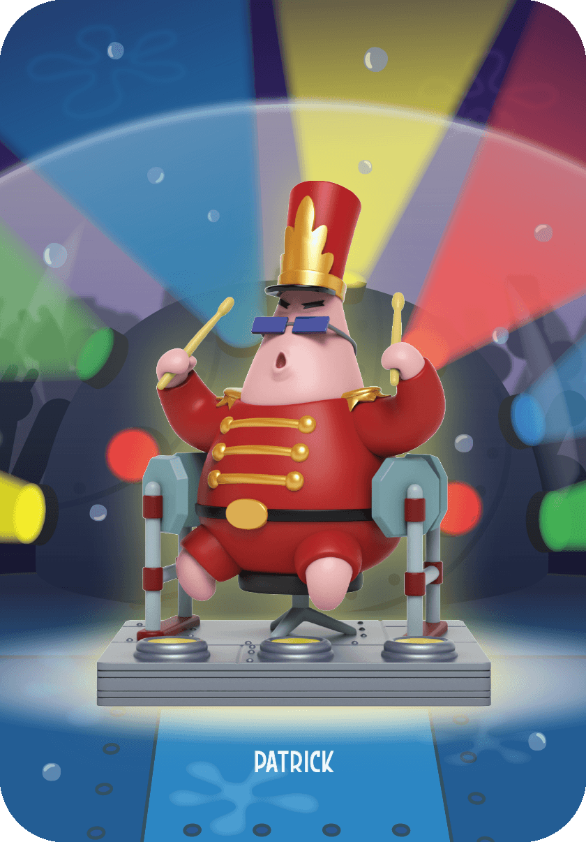 Patrick Star Band Geeks blind box collectible figure in red band uniform playing drums enthusiastically on stage.