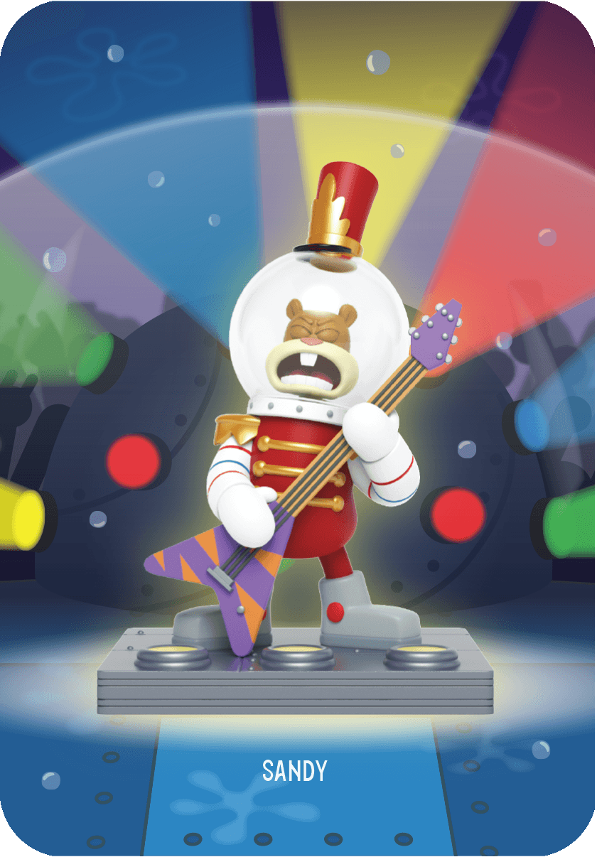 Sandy Cheeks Band Geeks blind box collectible figure in her space suit playing a purple electric guitar passionately.
