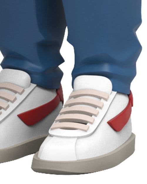 Close-up of Marty McFly’s white sneakers with red accents.