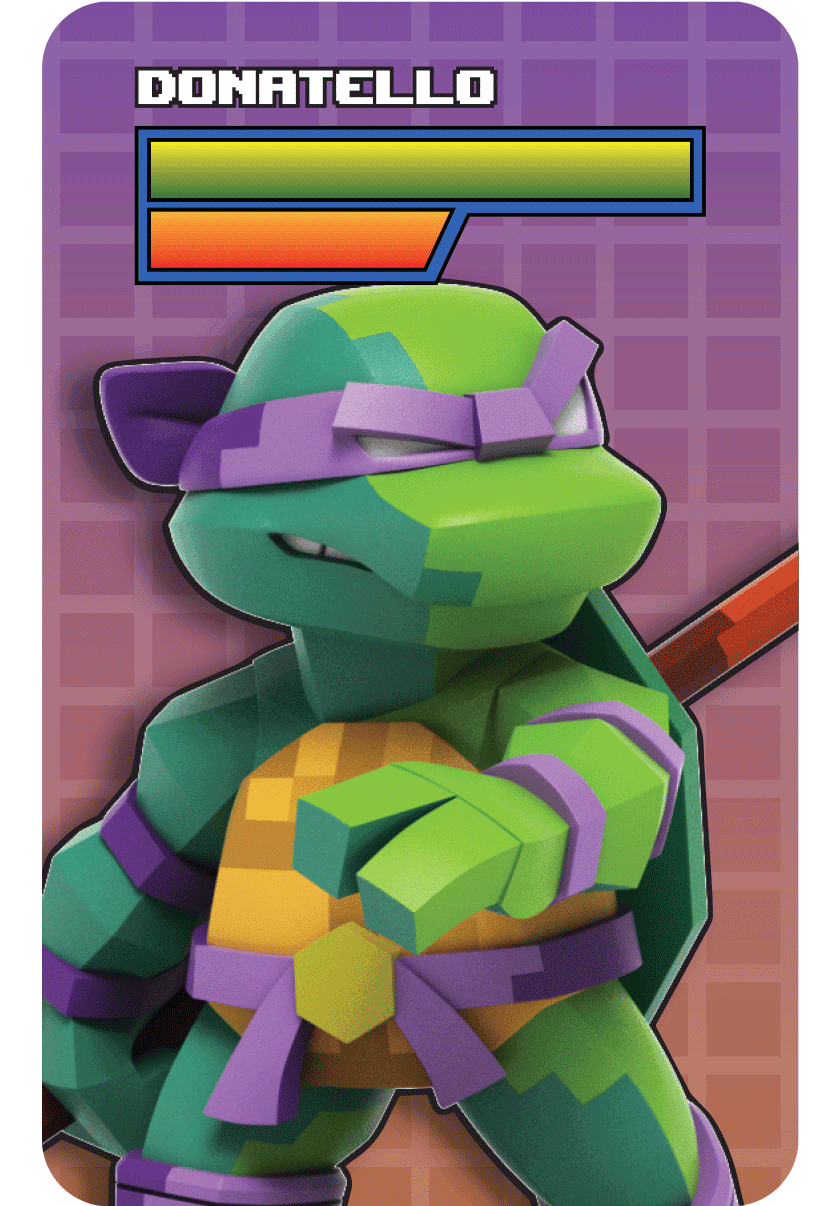 Pixelated Donatello blind box figurine with purple bandana and bo staff, posed dynamically on a colorful backdrop.