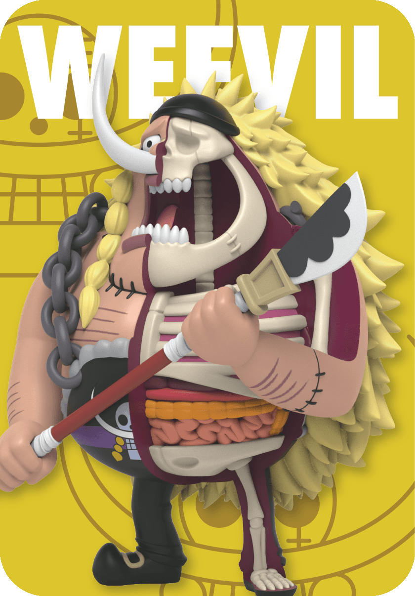 Edward Weevil from One Piece figure, half skeletal, standing with both hands supporting a naginata with his mouth open.