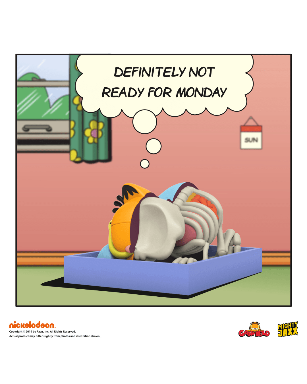 Garfield figure, half skeletal, curled up in bed and thinking "DEFINITELY NOT READY FOR MONDAY" in a comic style room.