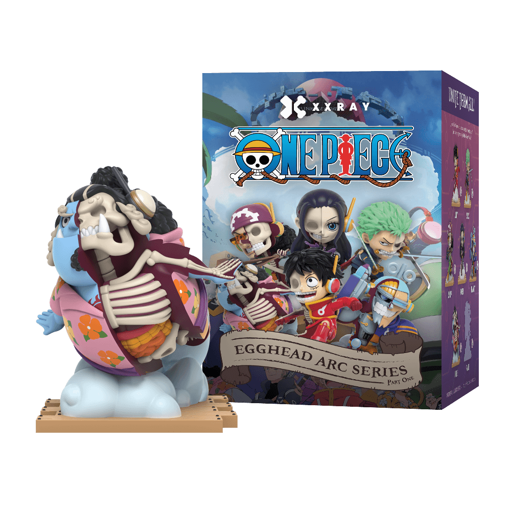 Jinbe figure, half skeletal, wearing a floral shirt, in a flying pose with both arms behind and clouds beneath him.