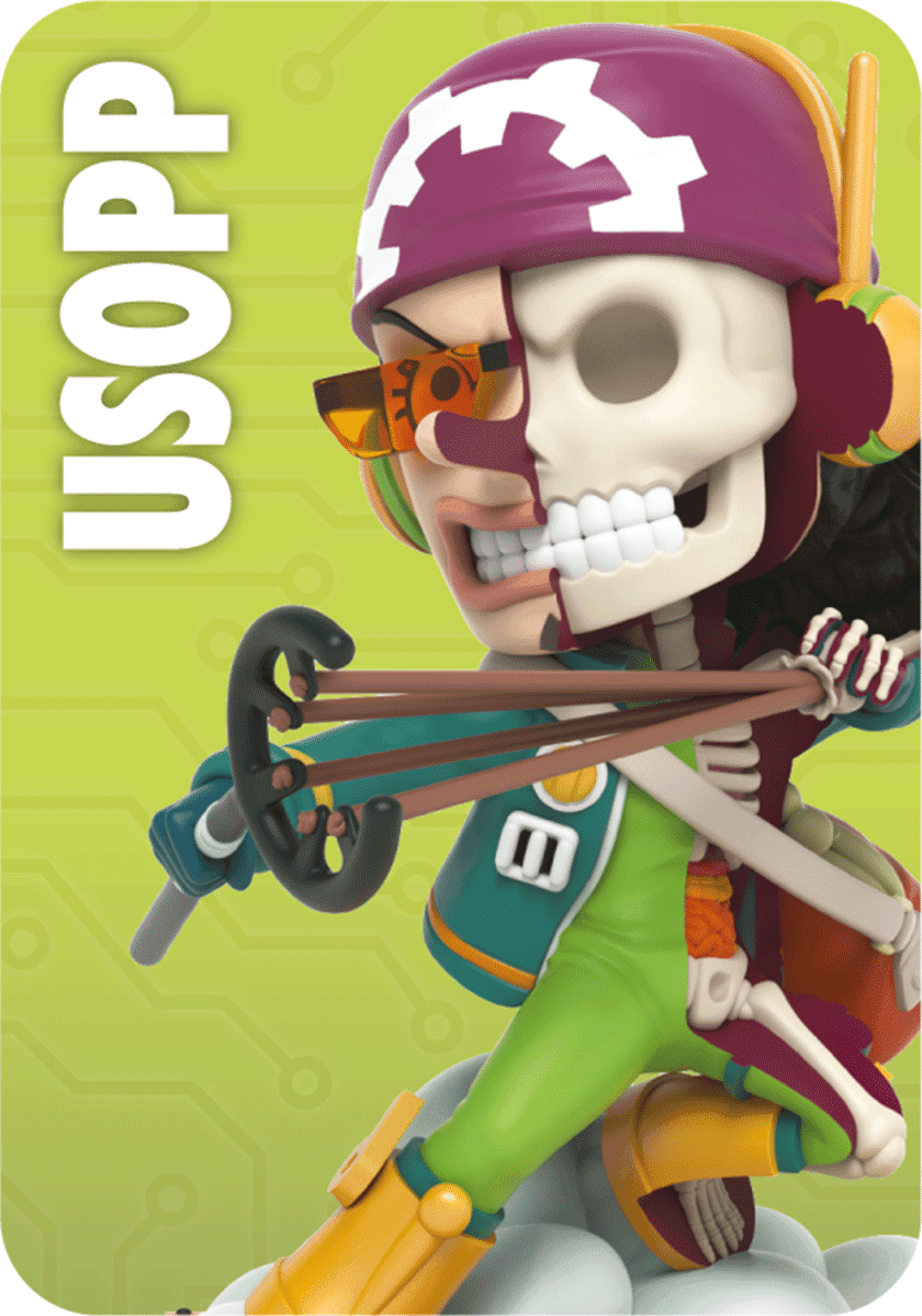 Usopp dissected vinyl figure, featuring half-human, half-skeleton design with a slingshot, on a green background.