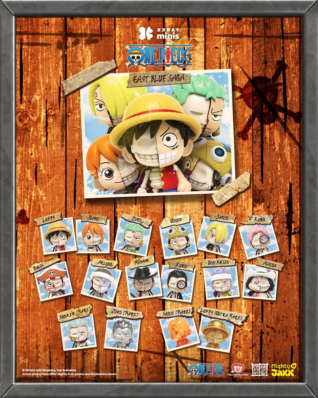 Mighty Jaxx XXRAY Minis One Piece East Blue Saga poster featuring dissected collectible figures on a wooden background.