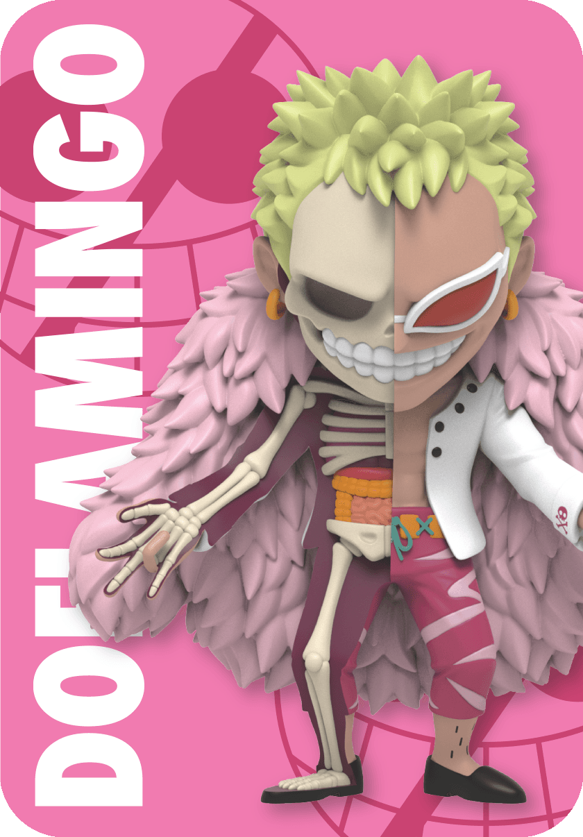 Doflamingo from One Piece figure, half skeletal, in a standing pose with arms spread wide and a smirk.