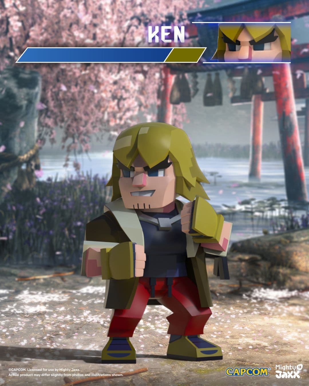 Ken figure with blonde hair in battle pose with fists raised, ready to strike against a soft springtime backdrop.