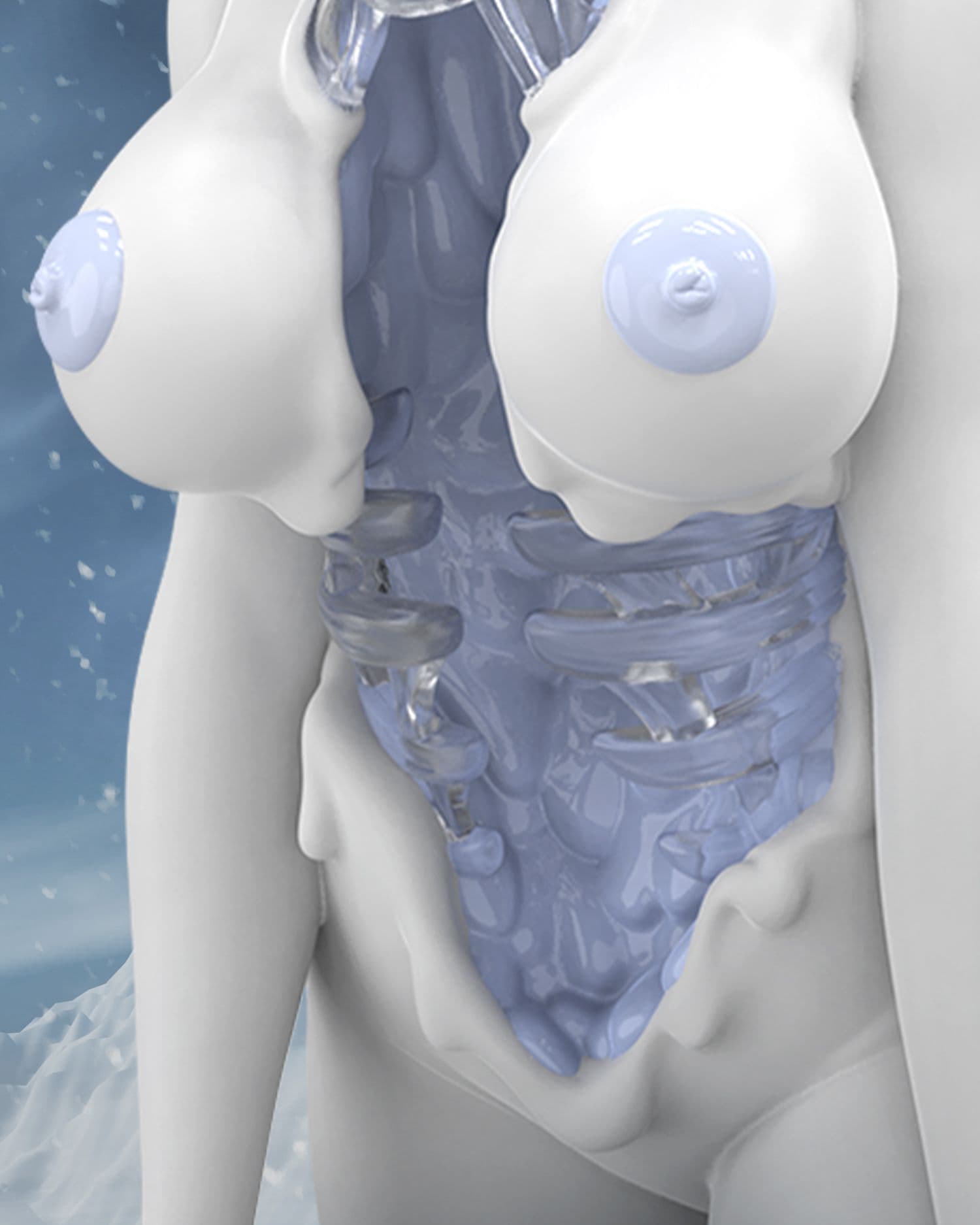 Frontal closeup view of the figure's open chest cavity with white skin exterior, two breasts and translucent frosty interior.