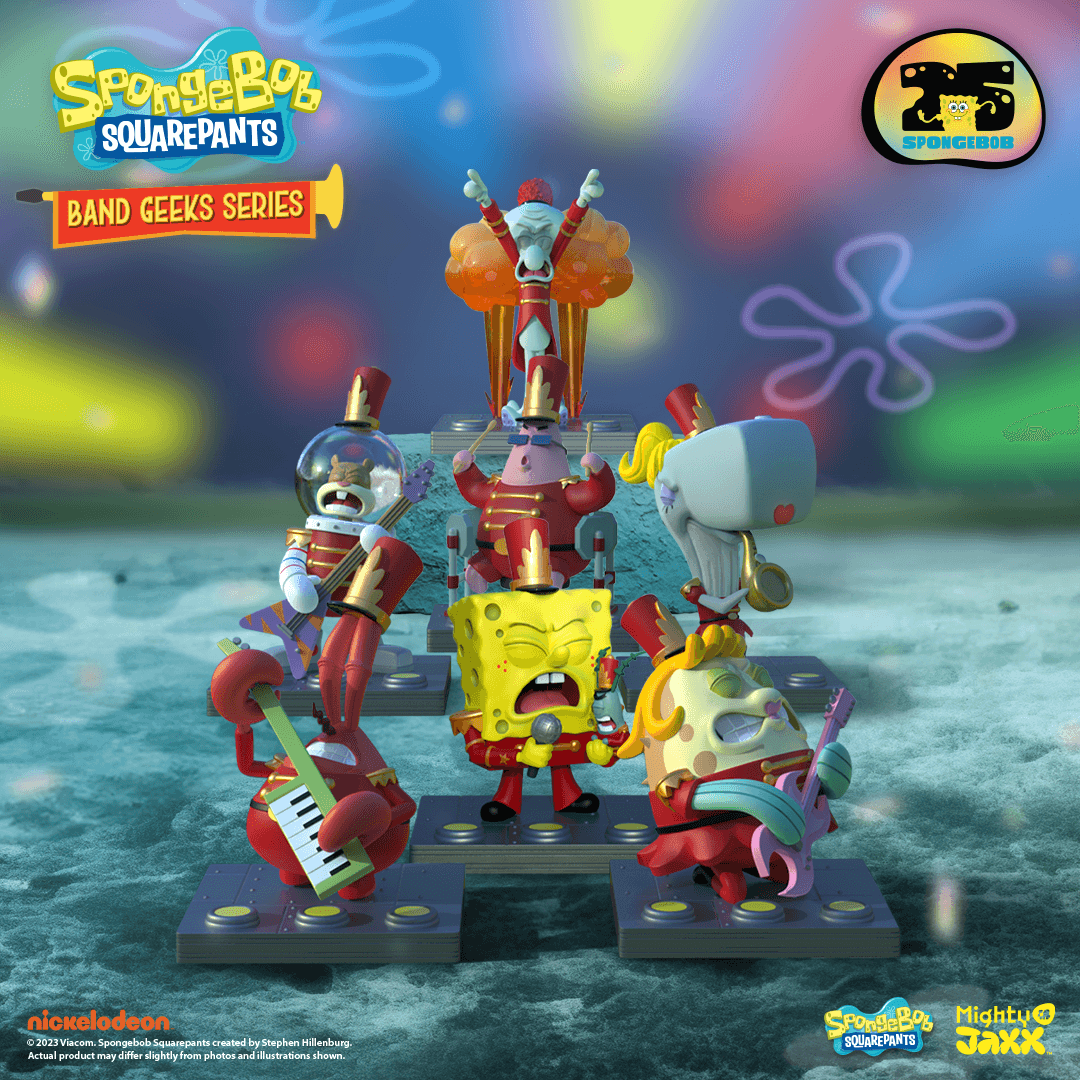 Band Geeks blind box display showing SpongeBob and friends performing Sweet Victory in marching uniforms.