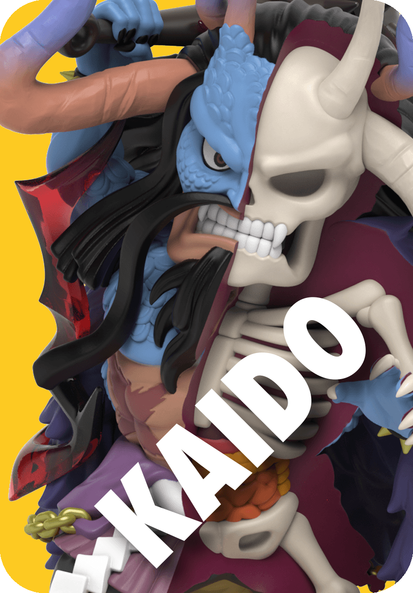 Kaido figure, half-skeletal, with purple horns, long hair, and fierce snarl against yellow background.