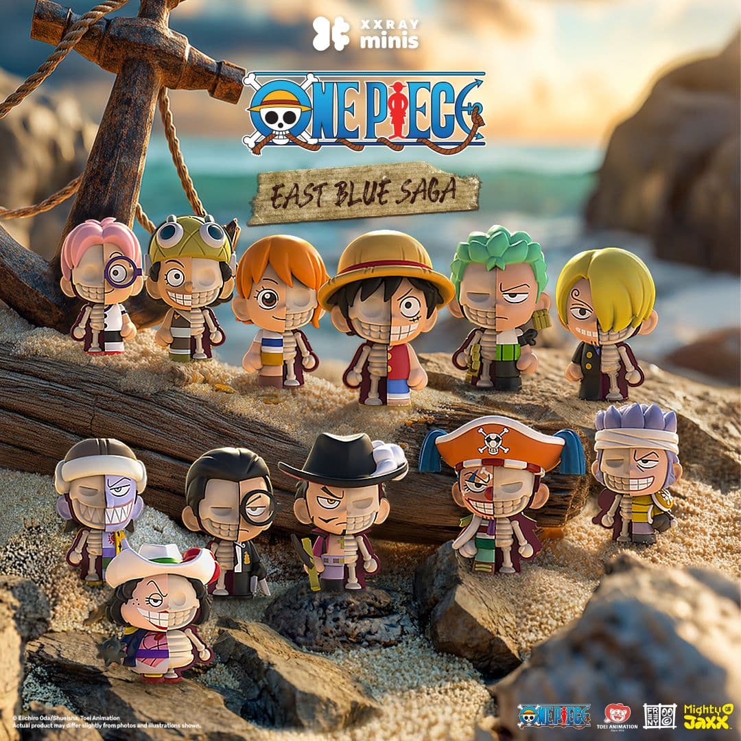 XXRAY Minis One Piece East Blue Saga figures by Mighty Jaxx, featuring half-dissected characters standing on a sandy beach.