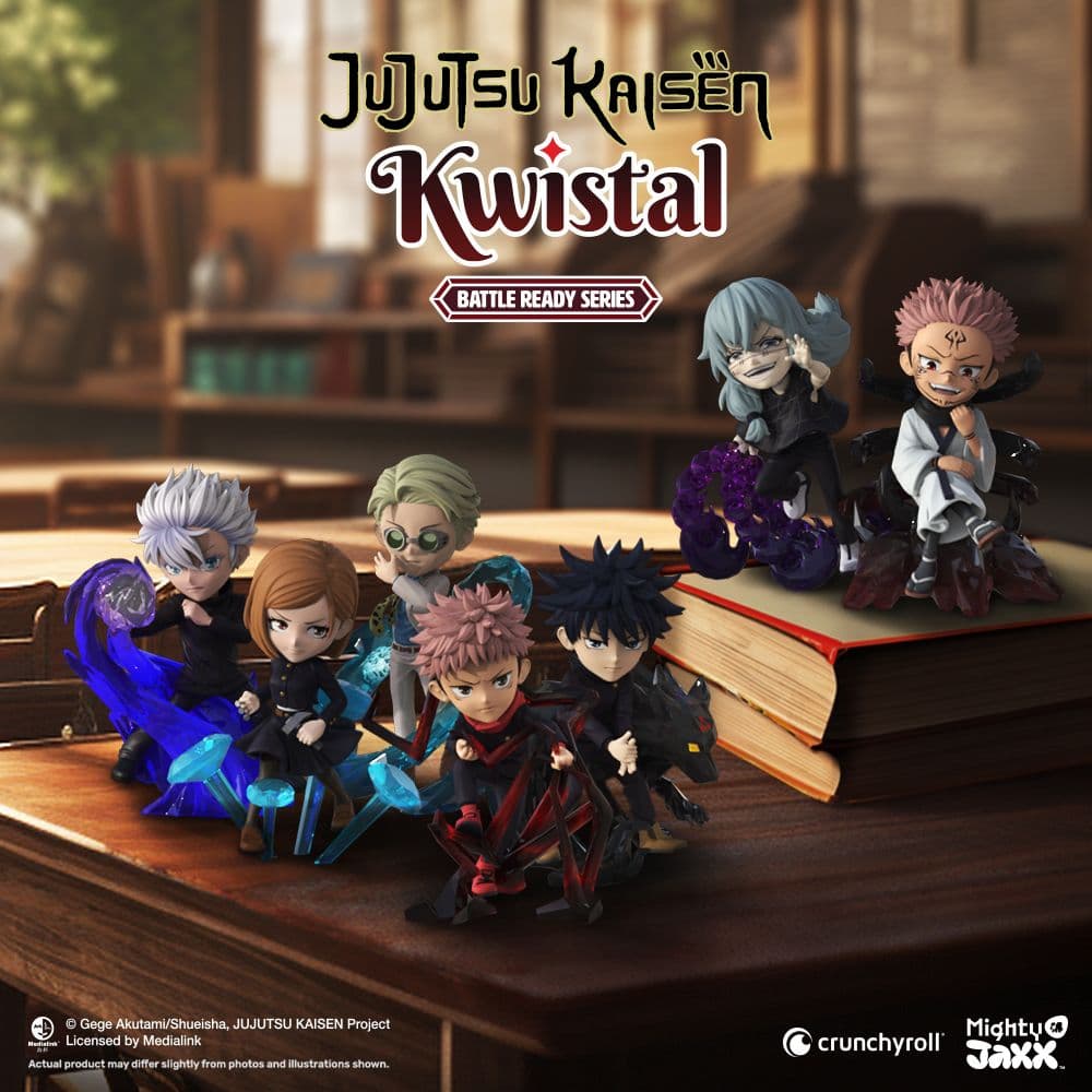 Kwistal Jujutsu Kaisen blind box feature image with Yuji, Gojo, Megumi, Nobara, Nanami, Mahito, and Sukuna figures.