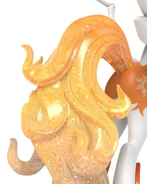 Close-up of Daybreaker’s semi-translucent glittering orange tail with flame-like curls and metallic flame details.