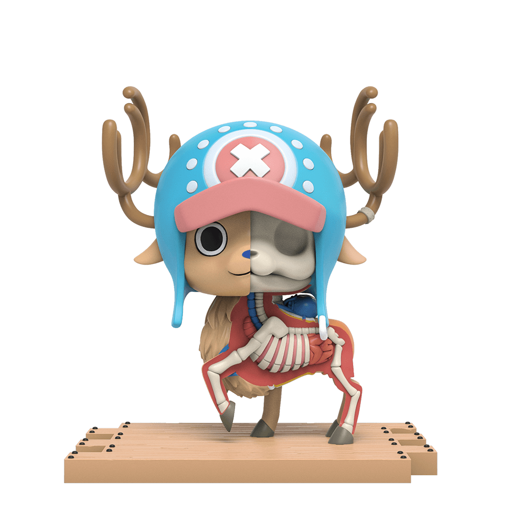 Reindeer-form Chopper from One Piece with tall antlers; right half shows skull, ribs, blue heart, and muscle.