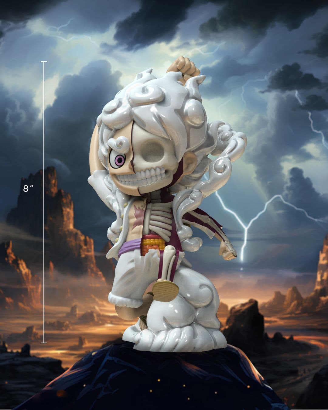 Full view of the 8-inch XXRAY+ Luffy Gear 5 figure with cloud-like white hair and Freeny’s dissected style.