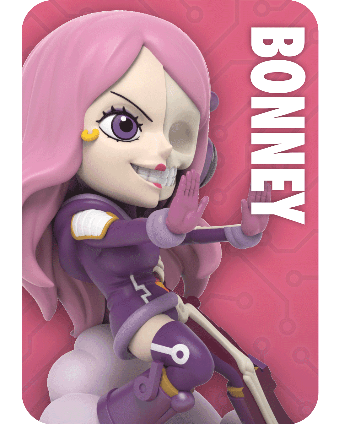 Bonney figure, half face is skeletal, wearing a purple outfit, posed with hands up on a pink circuit board background.