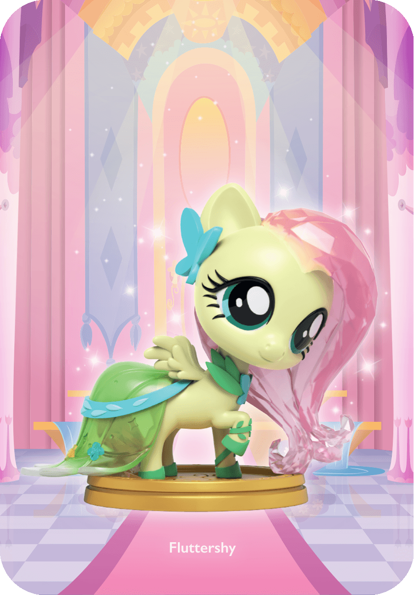 Fluttershy figure in a green gala dress with pink flowing mane, standing on a gold base in a pastel hall background.