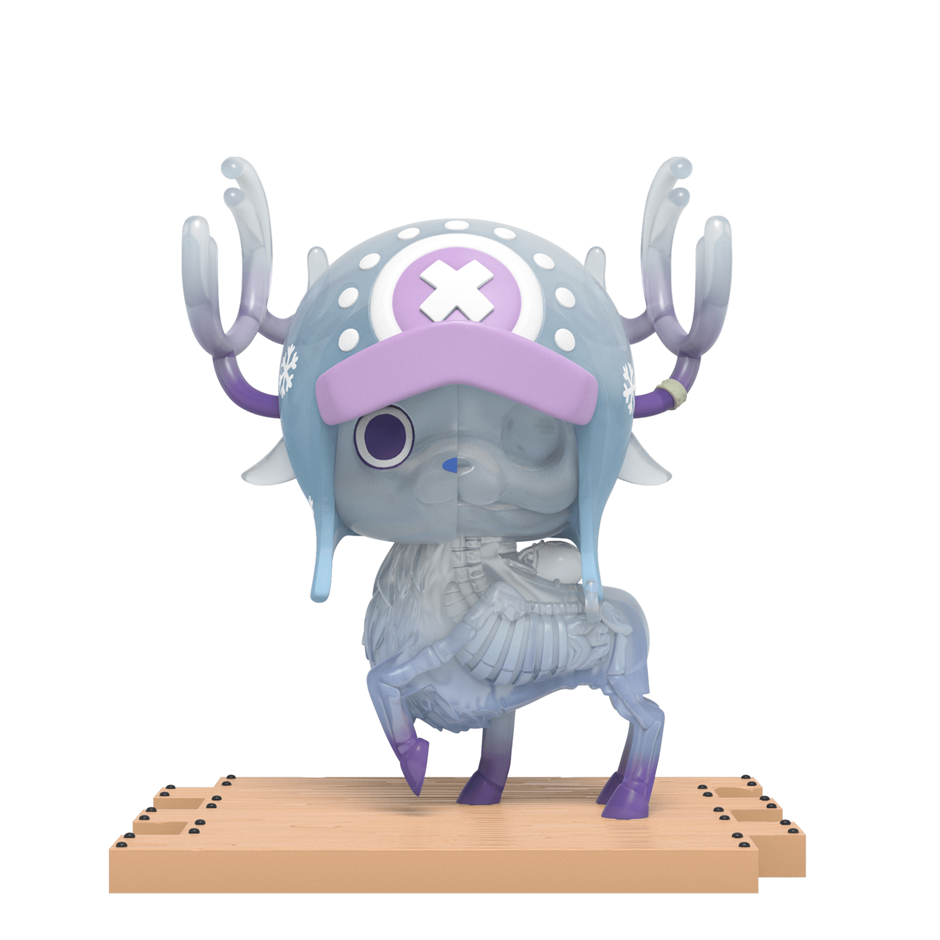 Translucent icy-blue reindeer Chopper with purple accents and snowflakes; right half shows faint skeleton.