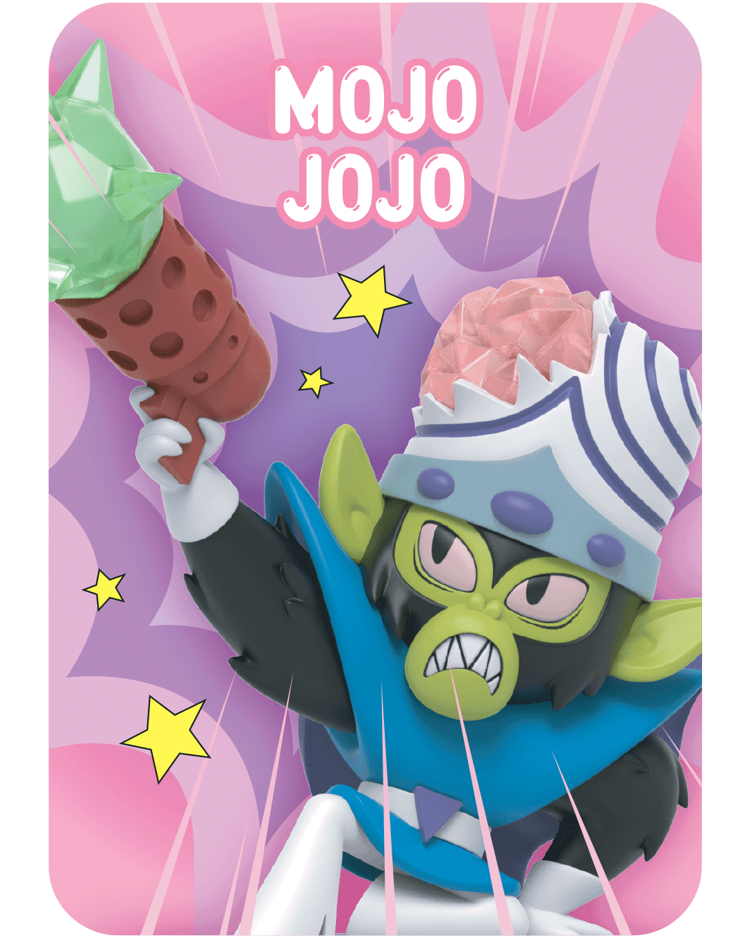 Mojo Jojo figure wielding a green ice ray gun, wearing his signature hat with a visible brain, against starburst background.
