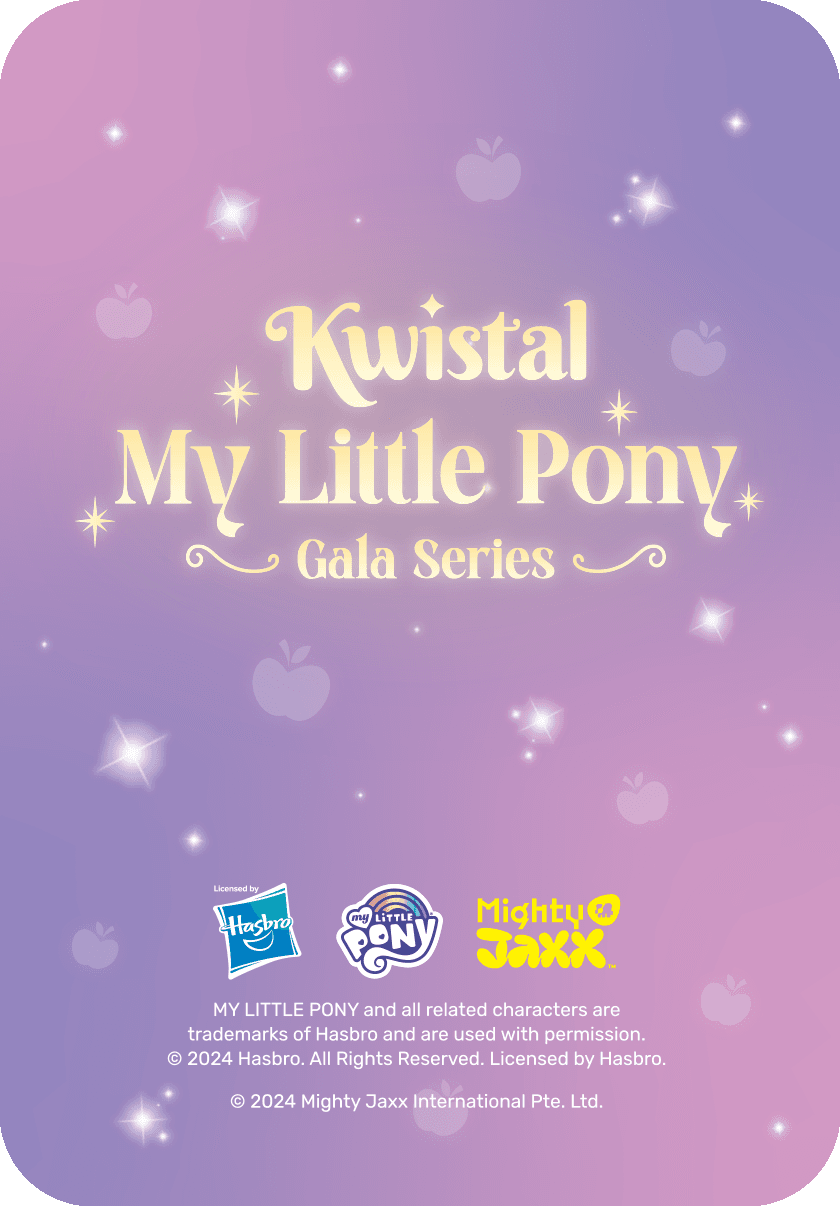 Kwistal My Little Pony Gala Series logo card with shimmering text and sparkling stars on a purple gradient background